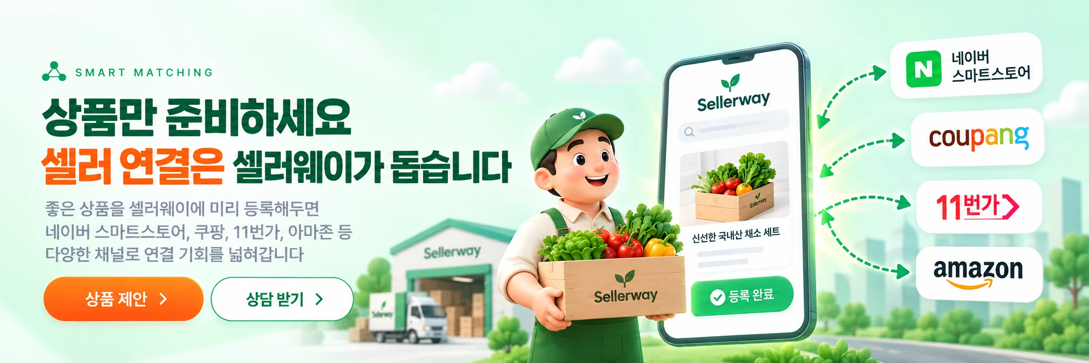 상품만 준비하세요. 셀러 연결은 셀러웨이가 돕습니다. 좋은 상품을 셀러웨이에 미리 등록해두면 다양한 판매 채널로 연결 기회를 넓혀갑니다.